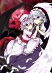  2girls akisome_hatsuka angel_wings apron bat_wings blouse blue_eyes blue_hair braid dress feathers full_moon hat holding_hands izayoi_sakuya maid maid_headdress moon multiple_girls night pointy_ears red_eyes red_moon remilia_scarlet sash short_hair silver_hair skirt smile touhou twin_braids wings 