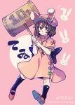  1girl anarogumaaa animal_ears artist_name bow brown_hair character_name dated dress hat inaba_tewi mallet mary_janes rabbit_ears red_eyes shoes short_hair smile solo touhou 