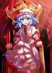  &gt;:d 1girl :d bat_wings blue_eyes blue_hair bow commentary crossed_legs doyagao e.o. hat hat_bow mob_cap open_mouth red_shoes remilia_scarlet shoes sitting sketch smile solo throne touhou tsurime wings 