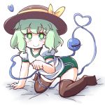  1girl black_legwear blouse blush buruma eyeball green_eyes green_hair hat hat_ribbon heart heart_of_string jinnouchi_akira komeiji_koishi ribbon short_hair silver_hair smile solo thigh-highs third_eye touhou 