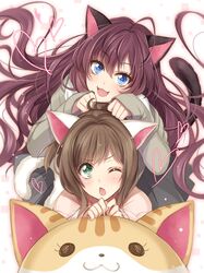  2girls :3 :d animal_ears blue_eyes brown_hair cat cat_ears cat_tail chestnut_mouth furrowed_eyebrows green_eyes hagiwara_rin heart ichinose_shiki idolmaster idolmaster_cinderella_girls long_hair looking_at_viewer maekawa_miku multiple_girls one_eye_closed open_mouth short_hair smile tail 