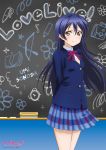  1girl bare_legs blazer blue_hair chalkboard character_name copyright_name long_hair looking_at_viewer love_live!_school_idol_project love_live!_the_school_idol_movie necktie official_art plaid plaid_skirt pleated_skirt school_uniform skirt smile solo sonoda_umi yellow_eyes 
