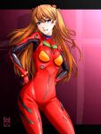  1girl bangs blue_eyes bodysuit bracer contrapposto cowboy_shot gloves gradient gradient_background grin hair_between_eyes hair_ornament hands_on_hips highres hitomori letterboxed long_hair looking_at_viewer neon_genesis_evangelion number orange_hair parted_lips pilot_suit plugsuit purple_background shadow signature small_breasts smile smug solo souryuu_asuka_langley standing turtleneck 