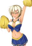  1girl arm_up armpits bare_shoulders blazblue blonde_hair blush breasts bullet_(blazblue) cheerleader cleavage_cutout dark_skin hair_ornament large_breasts midriff open_mouth pleated_skirt pom_poms scar shaito short_hair skirt solo speed_lines sweatdrop yellow_eyes 
