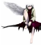  1girl angel_wings barefoot bow brooch brown_jacket colored_eyelashes dress expressionless feathered_wings fingers grey_hair grey_wings hair_over_one_eye hands in_tree jewelry juurouta_(pixiv3673286) kishin_sagume leg_up lips long_sleeves looking_at_viewer purple_dress red_eyes short_hair simple_background single_wing sitting sitting_in_tree toenails toes touhou tree tree_branch white_background white_hair wings 