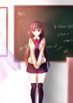  1girl black_hair brown_eyes chalkboard classroom highres long_hair looking_at_viewer original school_uniform smile solo thigh-highs violet_(eightonemini) 