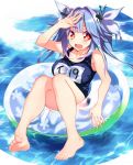  1girl :d afloat barefoot blue_hair blush breasts fang feet full_body hair_ribbon i-19_(kantai_collection) innertube kantai_collection long_hair name_tag open_mouth red_eyes ribbon school_swimsuit shading_eyes smile solo star star-shaped_pupils suisen swimsuit symbol-shaped_pupils toes twintails 