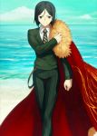  1boy black_eyes black_hair cloak fate/grand_order fate_(series) looking_at_viewer necktie ocean official_art smile solo takeuchi_takashi upscaled waifu2x waver_velvet 