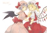  2girls ascot bat_wings blonde_hair blue_hair dress fang flandre_scarlet gensou_aporo hat hat_ribbon mob_cap multiple_girls one_eye_closed open_mouth pink_dress puffy_short_sleeves puffy_sleeves red_dress red_eyes remilia_scarlet ribbon sash shirt short_sleeves siblings side_ponytail sisters smile touhou wings wrist_cuffs 