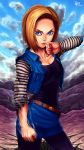  1girl android_18 blonde_hair blue_eyes blue_sky breasts brown cleavage clenched_hands clouds collarbone dragon_ball dragon_ball_z highres looking_back making_of pantyhose ryu_shou short_hair skirt sky smoke solo striped torn_clothes vest 