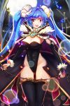  1girl black_legwear blue_hair breasts btraphen cleavage horns long_hair looking_at_viewer open_mouth red_eyes smile solo thigh-highs 