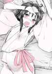  1girl arms_up black_hair blush chikado dress drooling full-face_blush gohei hakurei_reimu headwear_removed japanese_clothes long_sleeves looking_at_viewer lying monochrome on_back open_mouth red_eyes ribbon sash solo spot_color tears touhou wavy_mouth wide_sleeves yawning 