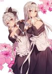  2girls apron artist_name blush bow breasts choker cleavage flower glasses hair_bow hairband hand_to_own_mouth large_breasts long_hair looking_at_viewer maid maid_apron maid_headdress multiple_girls multiple_persona original ponytail silver_hair sorolp 