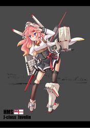  1girl :d aa_gun absurdres asymmetrical_legwear black_legwear blouse blue_eyes boots cannon character_name destroyer dress_shirt english gradient_hair gun hair_ornament headgear highres hms_javelin hms_javelin_(zhan_jian_shao_nyu) lance machine_gun machinery multicolored_hair official_art open_mouth pleated_skirt polearm redhead remodel_(kantai_collection) salute ship shirt sirills skirt smile solo thigh-highs torpedo turret warship weapon white_ensign zhan_jian_shao_nyu 