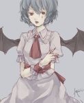  1girl ascot bat_wings blood blood_on_face bloody_hands brooch dress fang gensou_aporo jewelry lavender_hair open_mouth pink_dress puffy_short_sleeves puffy_sleeves red_eyes remilia_scarlet sash short_hair short_sleeves solo touhou wings wrist_cuffs 