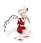 1girl ascot barefoot blonde_hair blood commentary dyolf flandre_scarlet hat hat_with_ears licking mob_cap puffy_short_sleeves puffy_sleeves red_eyes shirt short_sleeves sitting skirt skirt_set solo tongue tongue_out touhou vest wariza wings 