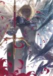  1girl armor blonde_hair bodysuit cape clare_(claymore) claymore claymore_(sword) cowboy_shot ene faulds grey_eyes highres looking_at_viewer open_mouth pauldrons petals short_hair simple_background solo sword transformation weapon 