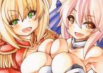  2girls blonde_hair breast_press breasts brown_eyes caster_(fate/extra) fang fate/extra fate_(series) graphite_(medium) green_eyes large_breasts looking_at_viewer marker_(medium) millipen_(medium) multiple_girls open_clothes open_mouth open_shirt pink_hair saber_extra shirt smile symmetrical_docking traditional_media uneven_eyes upper_body yutakasan-love 