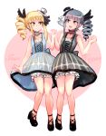  2girls bangs bare_shoulders blonde_hair bloomers blue_eyes blunt_bangs character_name choker dress drill_hair frills full_body green_eyes grey_hair haishima_isari haishima_kagari hat heart heterochromia highres holding_hands lolita_fashion mini_top_hat multiple_girls narurune school_girl_strikers siblings side_drill sidelocks sisters top_hat twins underwear yellow_eyes 