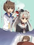  2girls :d ? amatsukaze_(kantai_collection) annin_musou brown_hair closed_eyes closed_mouth dreaming hair_tubes kantai_collection long_hair long_sleeves marshmallow multiple_girls necktie open_mouth pillow sailor_collar sailor_dress short_hair silver_hair sleeping smile smoke translated two_side_up under_covers yukikaze_(kantai_collection) zzz 