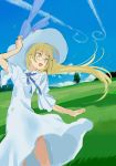  1girl :d bangs blonde_hair blue_bow blue_ribbon blue_rose blue_sky bow clouds condensation_trail dress flower glasses grass grey-framed_glasses hand_on_headwear hat hat_bow homaredai long_hair open_mouth outdoors perrine_h_clostermann puffy_short_sleeves puffy_sleeves ribbon rose short_sleeves sky smile solo sparkle standing strike_witches sun_hat sundress tree white_dress wind yellow_eyes 