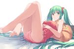  1girl bare_legs bare_shoulders barefoot bed_sheet feet green_hair hatsune_miku legs long_hair lying on_back panties pillow pink_panties scrunchie solo toes touboku twintails underwear very_long_hair vocaloid 