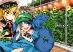  3girls backpack bag blonde_hair blue_eyes blue_hair cover cover_page cucumber flower forbidden_scrollery greenhouse hair_flower hair_ornament harukawa_moe_(style) harusame_(unmei_no_ikasumi) hat kawashiro_nitori lunasa_prismriver multiple_girls one_eye_closed parody plant sample style_parody touhou translation_request yellow_eyes 