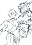  2girls bai_lao_shu blush carrying closed_eyes fingerless_gloves gloves houshou_(kantai_collection) japanese_clothes kantai_collection midriff monochrome multiple_girls nagato_(kantai_collection) navel princess_carry role_reversal smile sweat thigh-highs yuri zettai_ryouiki 