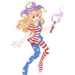  1girl american_flag_legwear american_flag_shirt blonde_hair clownpiece dress fairy_wings frilled_collar hat jandare jester_cap long_hair looking_at_viewer open_mouth pantyhose red_eyes short_sleeves simple_background smile solo star striped torch touhou wings 