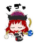  1girl bare_shoulders byourou chain closed_eyes clothes_writing collar coughing_blood earth_(ornament) hat hecatia_lapislazuli long_hair moon_(ornament) redhead shirt smile solo t-shirt touhou 