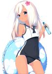  1girl blue_eyes blush covered_navel flower hair_flower hair_ornament kantai_collection long_hair naoya_come ramune ro-500_(kantai_collection) school_swimsuit school_uniform simple_background solo swimsuit swimsuit_under_clothes tan tanline white_background white_hair 
