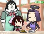  2girls :3 :d animalization apron bear black_hair bowtie chikuma_(kantai_collection) closed_eyes cooking dated hamu_koutarou kantai_collection mechanical_halo multiple_girls mutsuki_(kantai_collection) open_mouth polar_bear purple_hair red_eyes redhead remodel_(kantai_collection) short_hair smile tatsuta_(kantai_collection) translated 