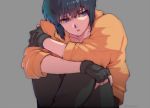  1girl black_hair blue_eyes fingerless_gloves ghost_in_the_shell gloves jacket katsuoboshi kusanagi_motoko leg_hug looking_to_the_side orange_jacket parted_lips short_hair sitting solo 