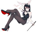  1girl animal_ears bare_shoulders black_hair breasts brown_eyes bunny_tail bunnysuit character_name crossed_legs detached_collar fake_animal_ears foreshortening genderswap hairband harry_potter high_heels l102016695 long_hair looking_at_viewer pantyhose rabbit_ears seamed_legwear sitting solo tail tom_marvolo_riddle venus_symbol wand wrist_cuffs 