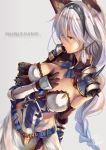  1girl animal_ears armor brown_eyes elbow_gloves fukai_ryousuke gloves granblue_fantasy heles silver_hair solo 