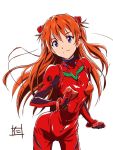  1girl artist_request bangs blue_eyes bodysuit bracer clenched_hands contrapposto cowboy_shot gloves hair_ornament head_tilt highres leaning_forward light_smile long_hair looking_at_viewer neon_genesis_evangelion number orange_hair pilot_suit plugsuit red_gloves signature simple_background sketch skinny small_breasts smile smirk solo souryuu_asuka_langley turtleneck very_long_hair white_background 