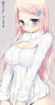  1girl blue_eyes blush breasts cleavage cleavage_cutout glasses hair_ornament hairclip kurot large_breasts long_hair long_sleeves looking_at_viewer open-chest_sweater original pink_hair ribbed_sweater rimless_glasses simple_background sketch solo sweater turtleneck twitter_username 
