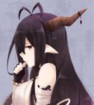  1girl antenna_hair black_hair breasts danua fingerless_gloves gloves granblue_fantasy horn_ornament horns jewelry large_breasts long_hair looking_to_the_side pointy_ears profile red_eyes solo yukichi_(eikichi) 