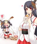  !! 2girls black_hair chestnut commentary eating food food_on_face fusou_(kantai_collection) hand_on_own_chin heart kantai_collection kuon_(nokokopopo) leaf looking_at_viewer multiple_girls red_eyes squatting sweet_potato yamashiro_(kantai_collection) 