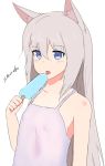  1girl animal_ears blue_eyes dress licking long_hair nao_(ritsancrossover) original popsicle silver_hair sundress tongue tongue_out wolf_ears 