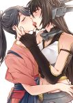  2girls bai_lao_shu black_hair blush closed_eyes french_kiss highres houshou_(kantai_collection) japanese_clothes kantai_collection kiss midriff multiple_girls nagato_(kantai_collection) navel ponytail red_eyes tongue yuri 