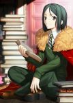  1boy black_eyes black_hair book cloak fate/grand_order fate_(series) holding holding_book looking_at_viewer necktie official_art smile solo takeuchi_takashi upscaled waifu2x waver_velvet 
