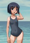  1girl black_eyes black_hair original rohitsuka school_swimsuit short_hair standing swimsuit tan tanline 