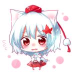  1girl animal_ears autumn_leaves blush chibi detached_sleeves hair_ornament hat inubashiri_momiji kuroshiroduet leaf leaf_hair_ornament looking_at_viewer open_mouth red_eyes short_hair silver_hair skirt solo sweatdrop tail tokin_hat touhou wavy_mouth wolf_ears wolf_tail 