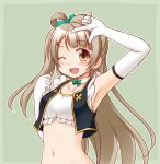  1girl ;d armpits blush brown_eyes brown_hair elbow_gloves gloves long_hair looking_at_viewer love_live!_school_idol_project minami_kotori navel no_brand_girls one_eye_closed open_mouth simple_background smile solo utomo 