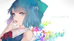  1girl blue_eyes blue_hair cirno face gradient gradient_background hair_ribbon hillly_(maiwetea) looking_at_viewer open_mouth portrait ribbon short_hair sleeveless solo text touhou 