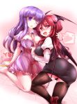  2girls ass barefoot bat_wings black_legwear blush capelet cleavage_cutout dress dutch_angle eye_contact fangs full-face_blush fumitsuki_(minaduki_6) gradient gradient_background head_wings heart heart-shaped_pupils high_heels kneeling koakuma long_hair long_sleeves looking_at_another looking_up multiple_girls no_hat one_eye_closed open_mouth patchouli_knowledge puffy_sleeves purple_hair red_eyes redhead shirt sitting skirt skirt_set smile speech_bubble striped striped_dress symbol-shaped_pupils thigh-highs touhou vest violet_eyes wings yes-no_pillow yuri 