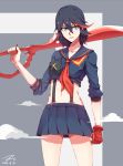  1girl black_hair blue_eyes clouds cowboy_shot fingerless_gloves gloves hair_between_eyes highres kill_la_kill light_smile looking_at_viewer matoi_ryuuko midriff multicolored_hair nail_polish navel over_shoulder pleated_skirt school_uniform senketsu serafuku short_hair skirt suspenders taizi two-tone_hair weapon weapon_over_shoulder 