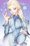 1girl blonde_hair blue_eyes braid cosplay crossover disney elsa_(frozen) frozen_(disney) hands hat kanapy single_braid smile snowflakes solo white_hair