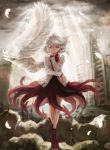  1girl angel_wings arm_rest boots bow city clouds cloudy_sky commentary_request dress feathers glowing_feather hand_over_face jacket kame_(turtleaugur) kishin_sagume legs light_rays long_sleeves orange_eyes purple_dress ruins short_hair silver_hair single_wing sky solo sunlight thighs touhou white_wings wind wings 